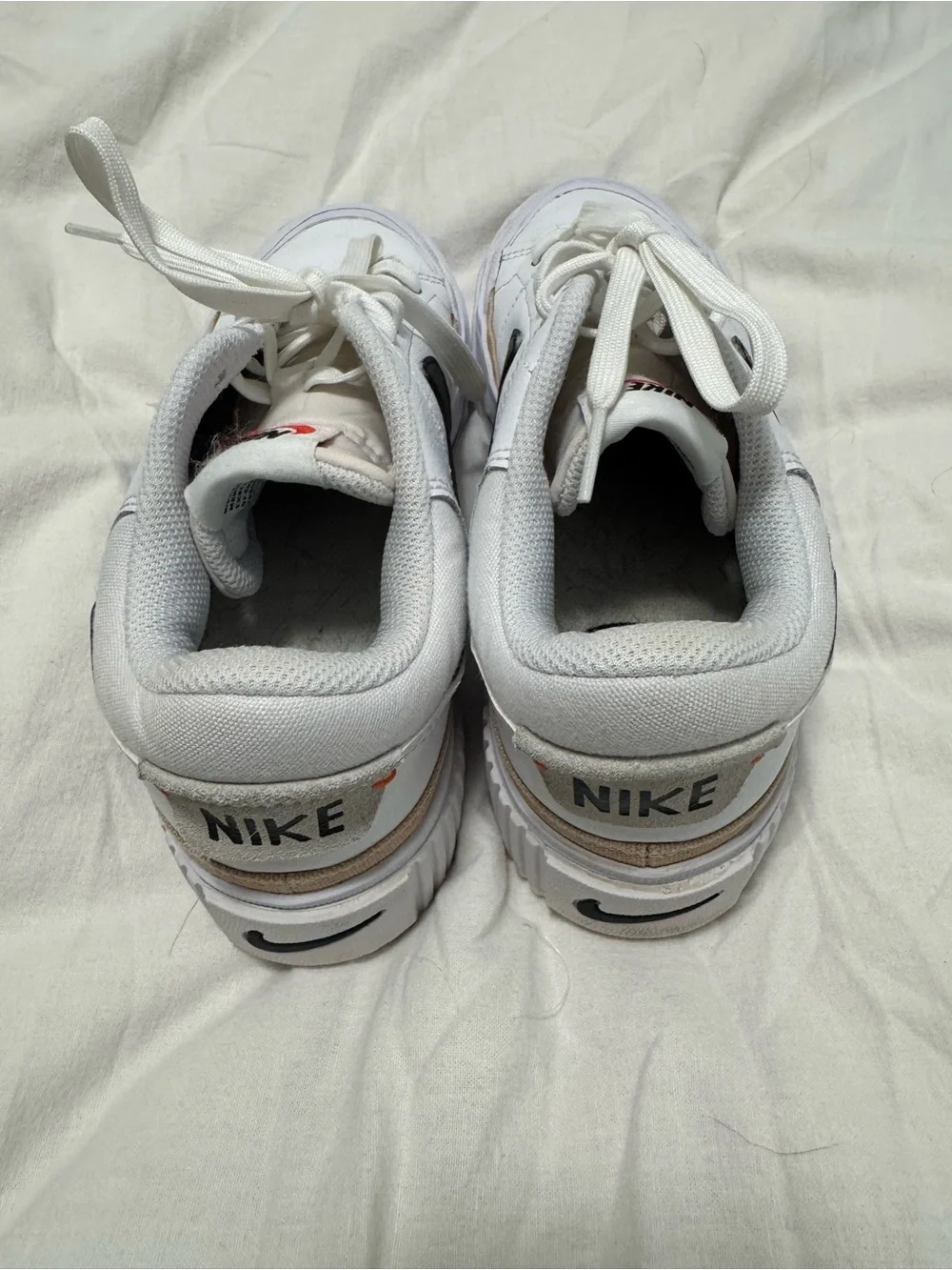 Nike White Leather Platform Sneakers with Black Swoosh and Tan Trim - Picture 5 of 8